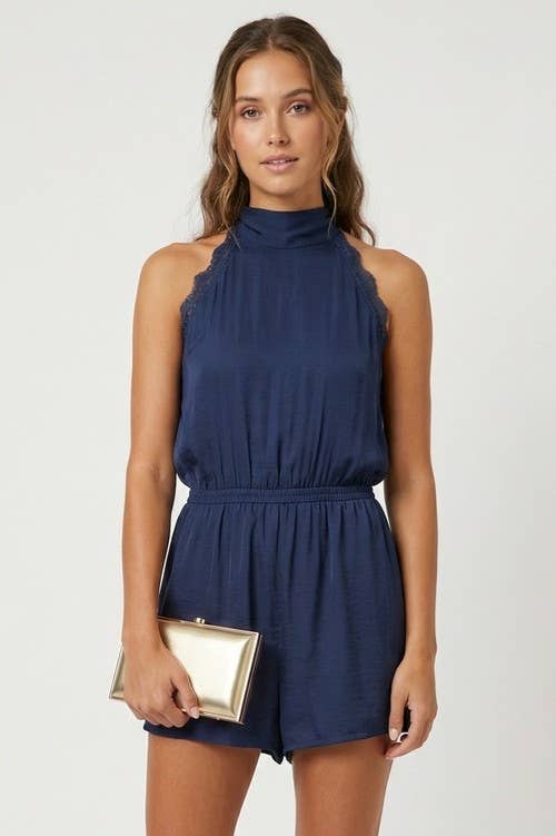 Lace Trim Halter Romper