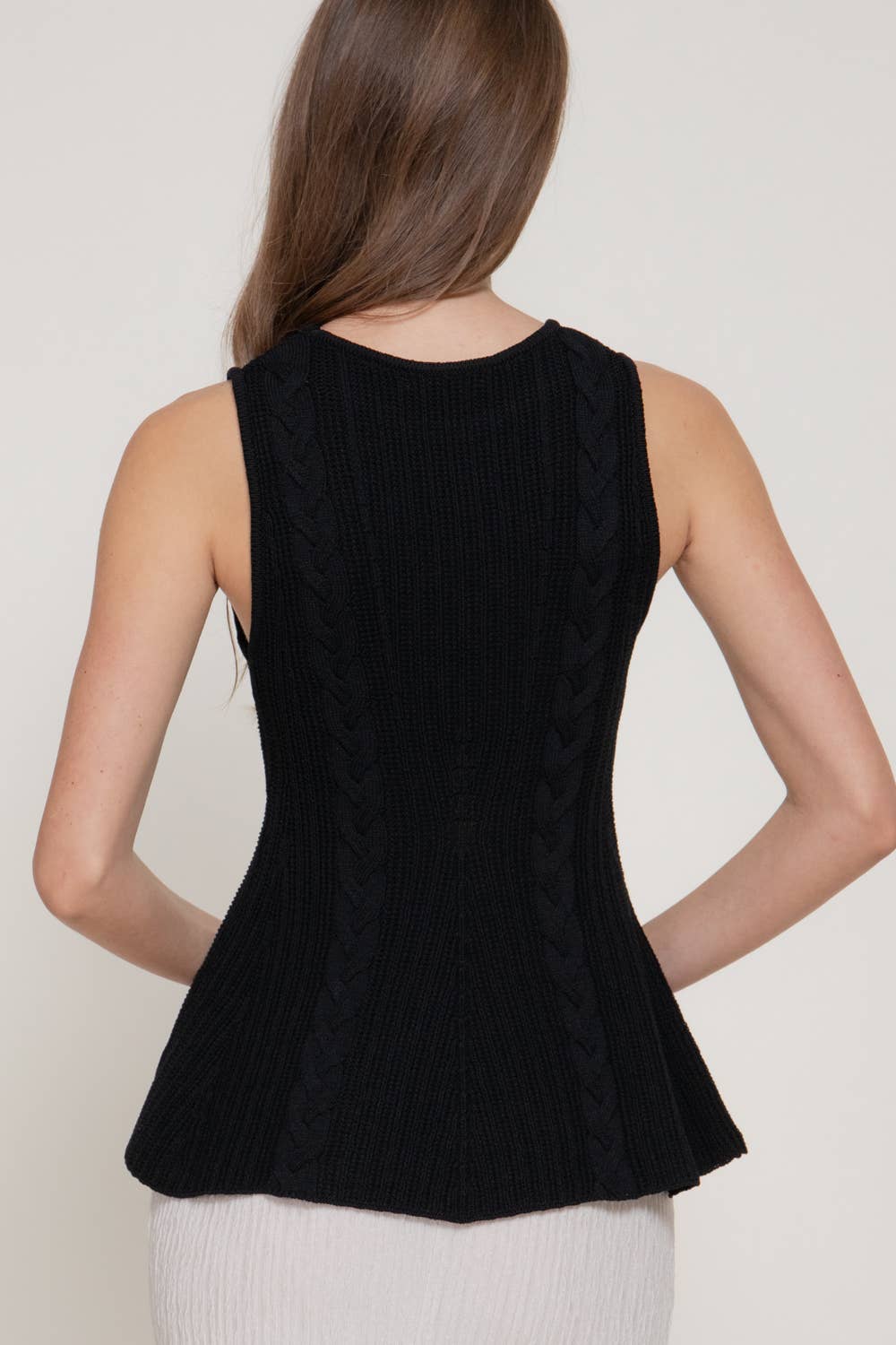 Sleeveless Crew Neck Cable Knit Peplum Top
