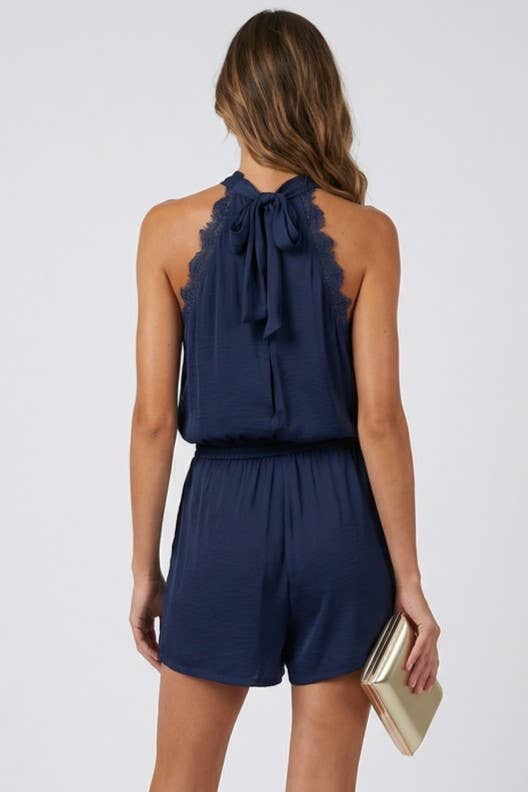 Lace Trim Halter Romper