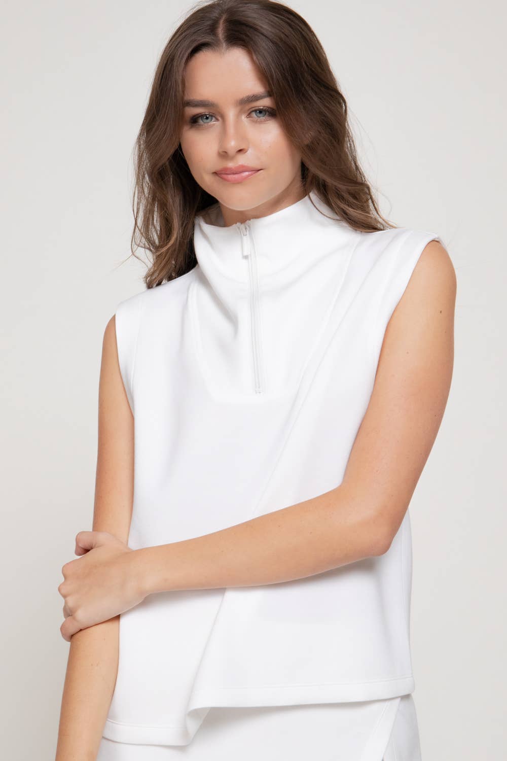 Sleeveless High Neck Soft Scuba Top with Zipper Detail