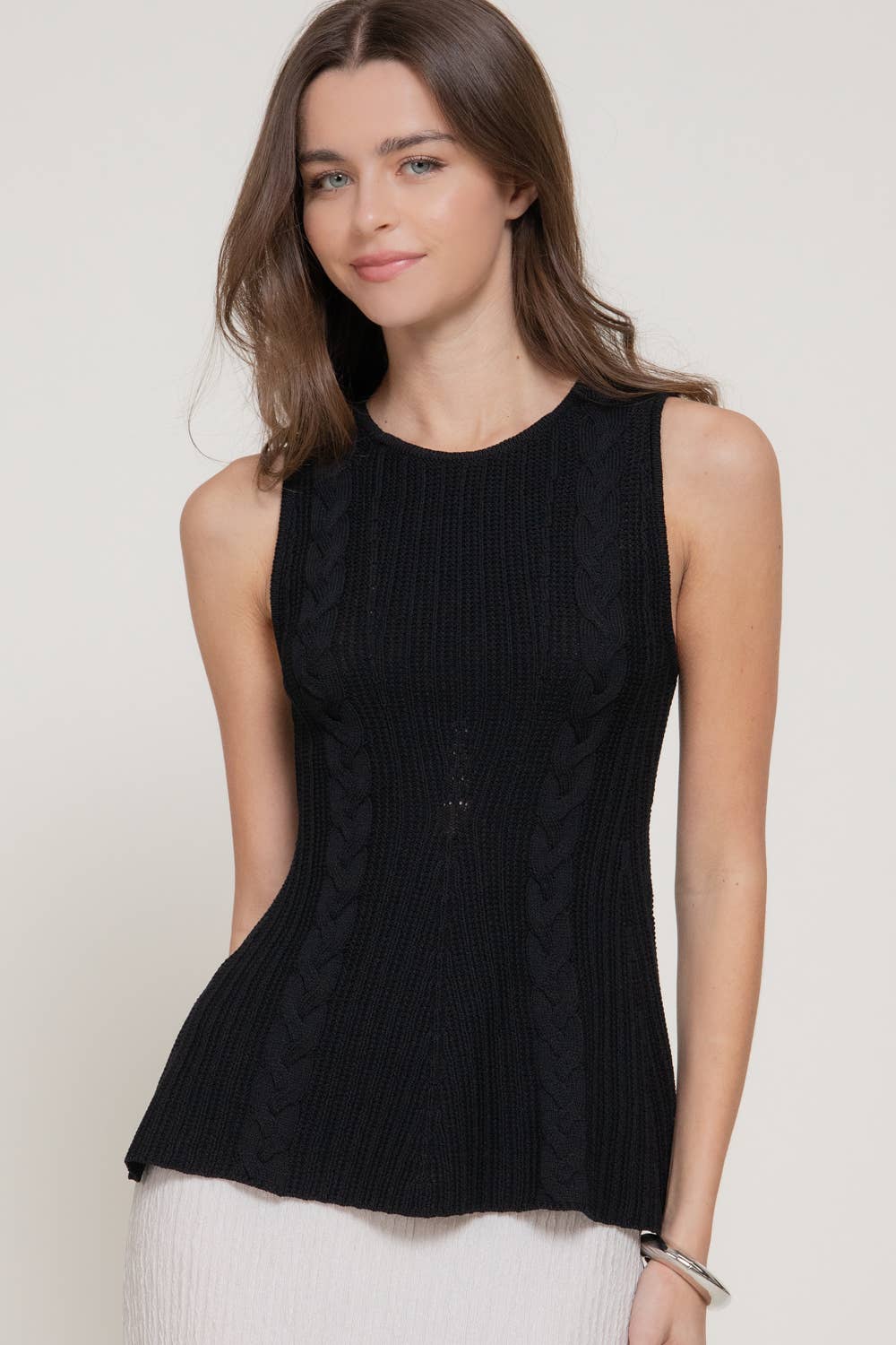 Sleeveless Crew Neck Cable Knit Peplum Top